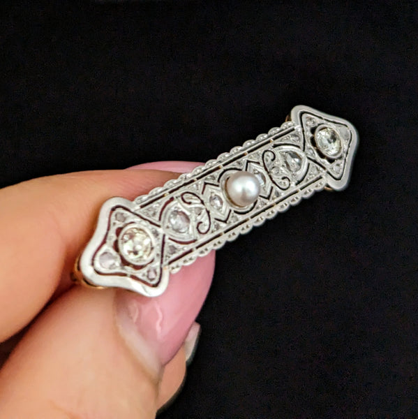 The Lancaster - Edwardian Era Diamonds Pearl 18k Gold Platinum Brooch