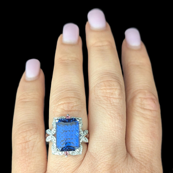 Estate 10ct Lab Created Pixel Cut Sapphire Diamonds 14k White Gold Cocktail Ring JCR