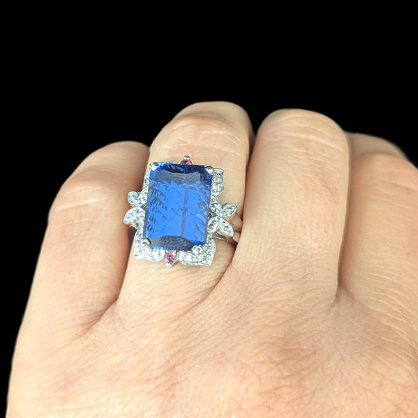 Estate 10ct Lab Created Pixel Cut Sapphire Diamonds 14k White Gold Cocktail Ring JCR