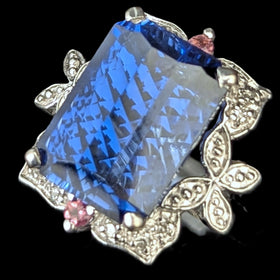 Estate 10ct Lab Created Pixel Cut Sapphire Diamonds 14k White Gold Cocktail Ring JCR