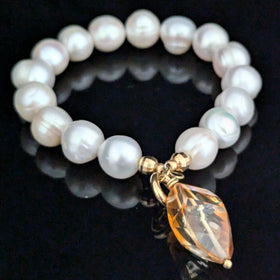 Estate 18k Yellow Gold 11mm Pearls Fantasy Cut Citrine Briolette Bracelet Vintage 