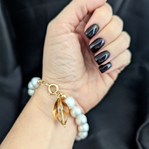 Estate 18k Yellow Gold 11mm Pearls Fantasy Cut Citrine Briolette Bracelet Vintage 