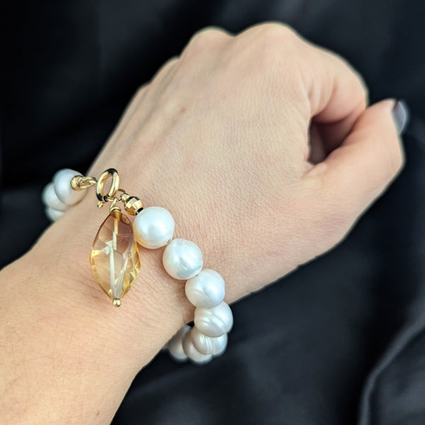 Estate 18k Yellow Gold 11mm Pearls Fantasy Cut Citrine Briolette Bracelet Vintage 