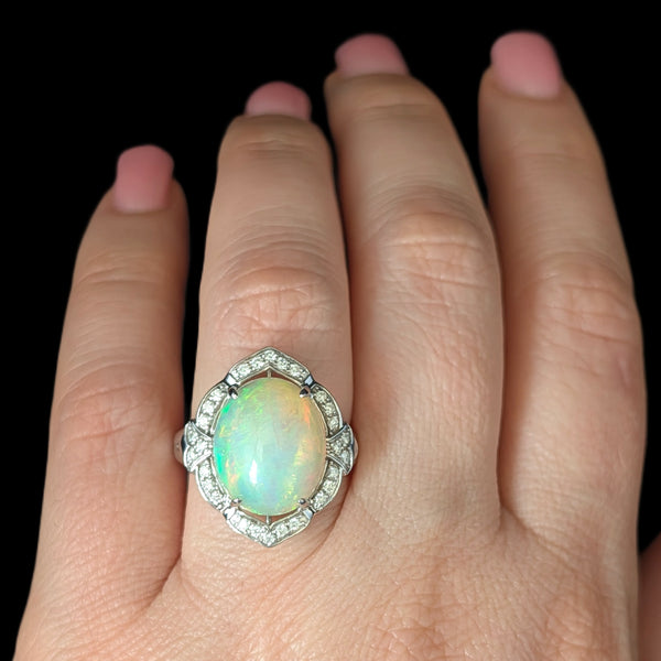 Estate 6.10ct Opal Diamonds 14k White Gold Large Cocktail Ring Dome Gift