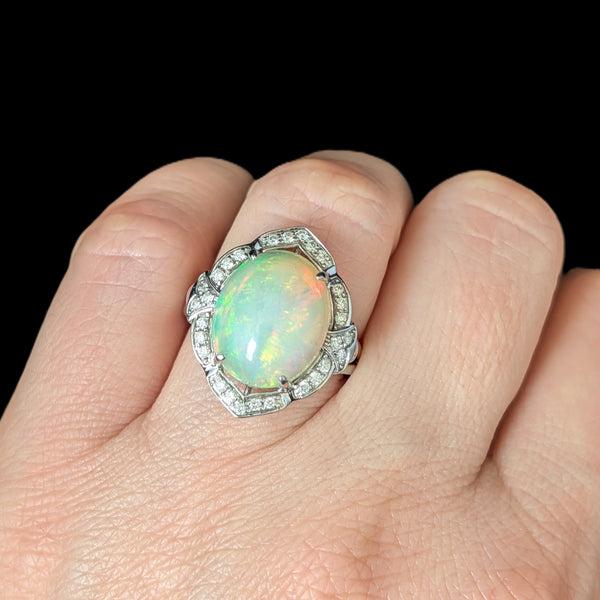 Estate 6.10ct Opal Diamonds 14k White Gold Large Cocktail Ring Dome Gift
