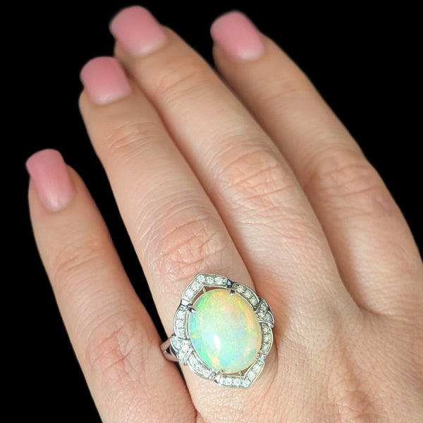 Estate 6.10ct Opal Diamonds 14k White Gold Large Cocktail Ring Dome Gift