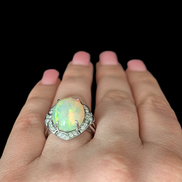 Estate 6.10ct Opal Diamonds 14k White Gold Large Cocktail Ring Dome Gift