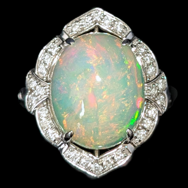 Estate 6.10ct Opal Diamonds 14k White Gold Large Cocktail Ring Dome Gift