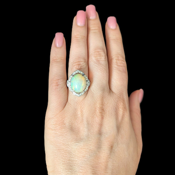 Estate 6.10ct Opal Diamonds 14k White Gold Large Cocktail Ring Dome Gift