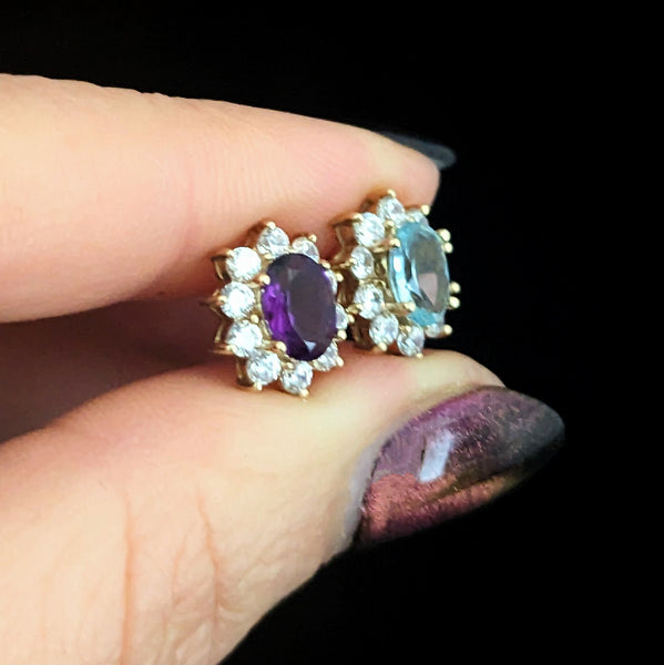 Estate Aquamarine Amethyst Diamonds 10k Yellow Gold Halo Stud Earrings Vintage