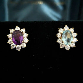 Estate Aquamarine Amethyst Diamonds 10k Yellow Gold Halo Stud Earrings Vintage
