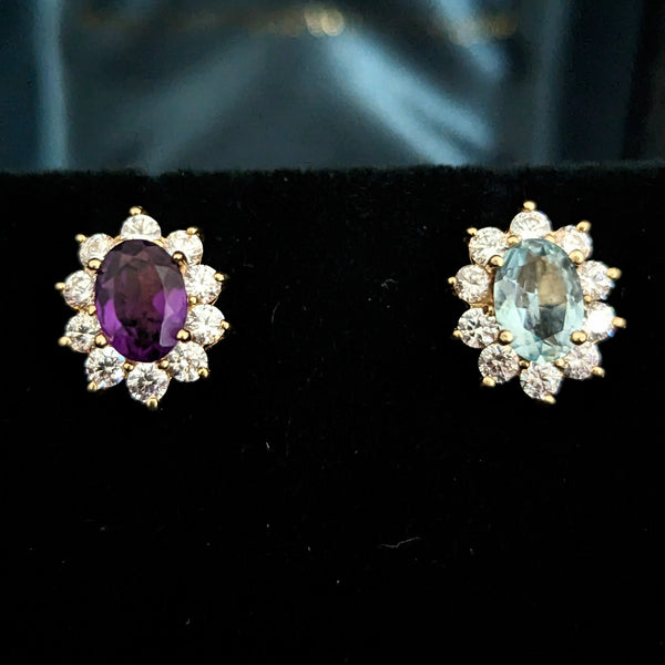 Estate Aquamarine Amethyst Diamonds 10k Yellow Gold Halo Stud Earrings Vintage