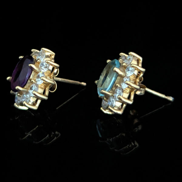 Estate Aquamarine Amethyst Diamonds 10k Yellow Gold Halo Stud Earrings Vintage
