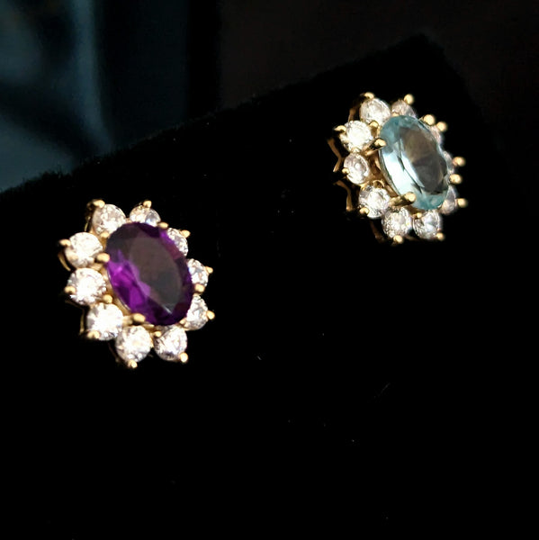 Estate Aquamarine Amethyst Diamonds 10k Yellow Gold Halo Stud Earrings Vintage