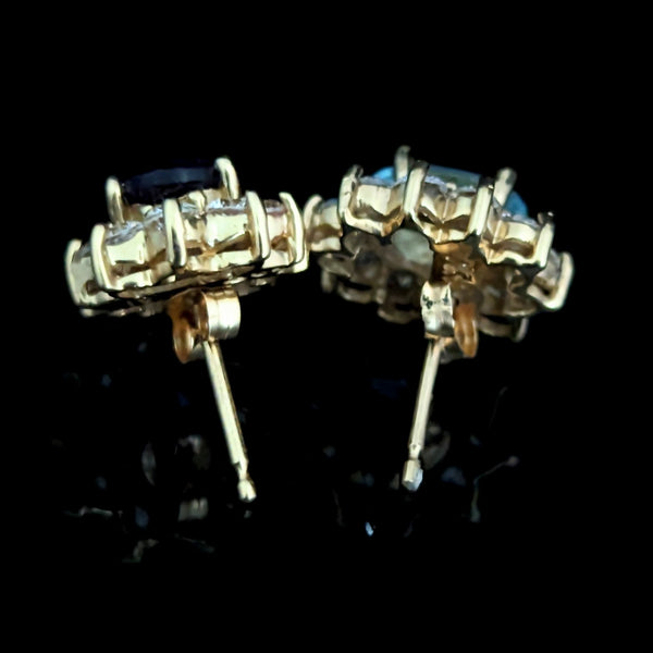 Estate Aquamarine Amethyst Diamonds 10k Yellow Gold Halo Stud Earrings Vintage