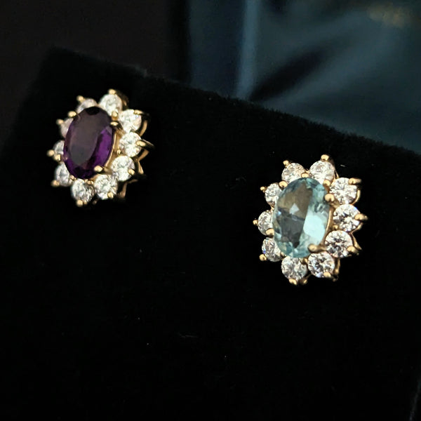 Estate Aquamarine Amethyst Diamonds 10k Yellow Gold Halo Stud Earrings Vintage