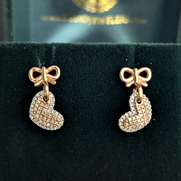 Estate Articulated Hearts & Bows Diamonds 10k Rose and White Gold Earrings Drops 