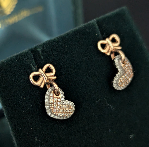 Estate Articulated Hearts & Bows Diamonds 10k Rose and White Gold Earrings Drops 