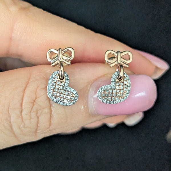 Estate Articulated Hearts & Bows Diamonds 10k Rose and White Gold Earrings Drops 