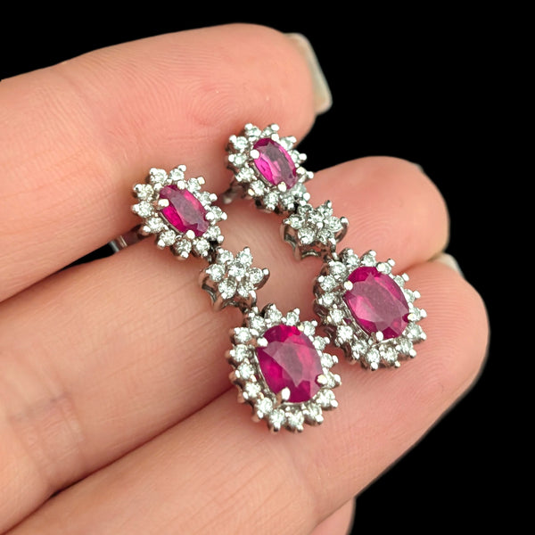 Estate BH EFFY Rubies Diamonds 14k White Gold Earrings Drop Dangle Vintage Gift 