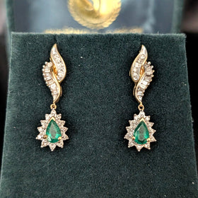 Estate Emeralds Diamonds 10k Yellow Gold Drop Dangle Articulated Vintage Gift