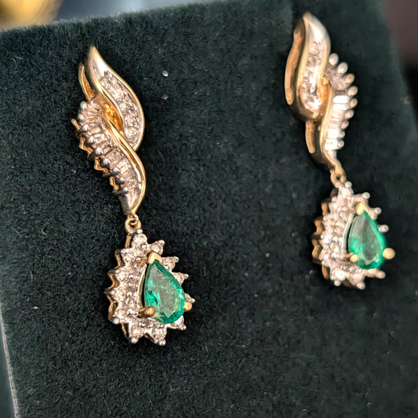 Estate Emeralds Diamonds 10k Yellow Gold Drop Dangle Articulated Vintage Gift