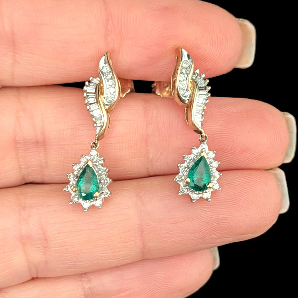 Estate Emeralds Diamonds 10k Yellow Gold Drop Dangle Articulated Vintage Gift