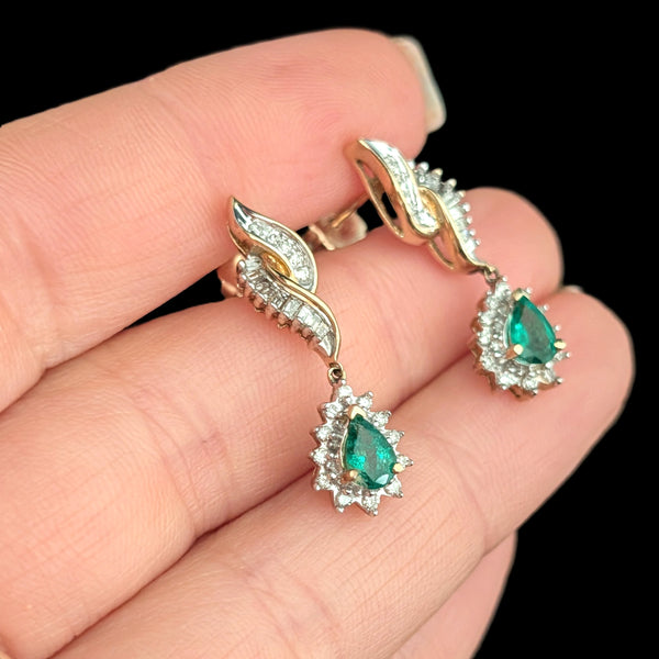 Estate Emeralds Diamonds 10k Yellow Gold Drop Dangle Articulated Vintage Gift