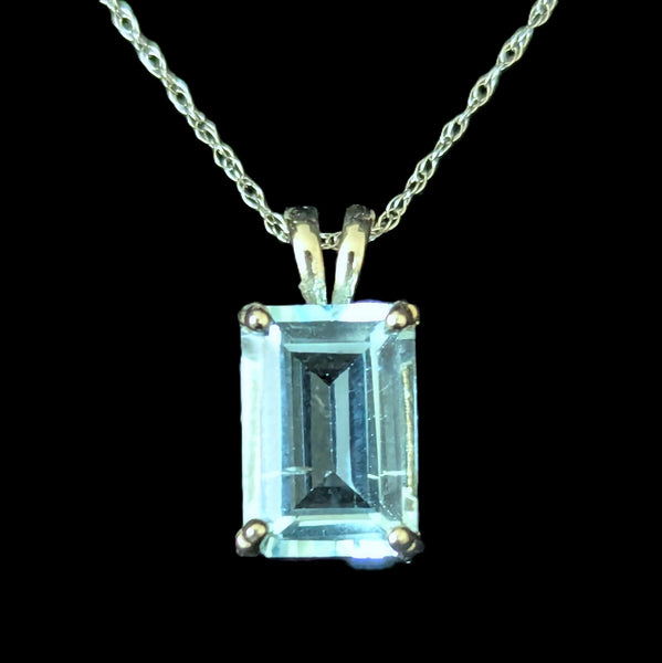 Estate Blue Emerald Cut Gemstone 14k White Gold Pendant on 10k Gold Chain Gift
