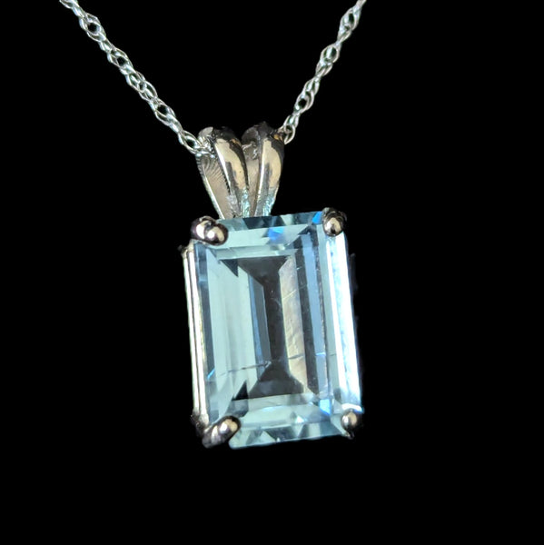 Estate Blue Emerald Cut Gemstone 14k White Gold Pendant on 10k Gold Chain Gift