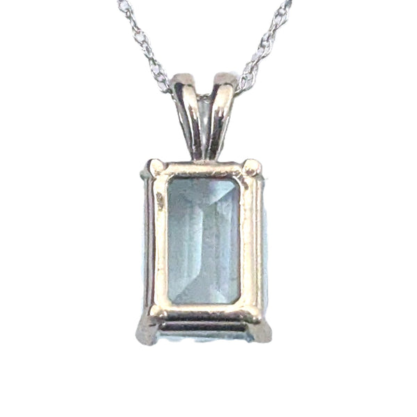 Estate Blue Emerald Cut Gemstone 14k White Gold Pendant on 10k Gold Chain Gift
