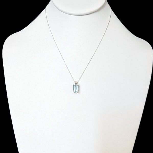 Estate Blue Emerald Cut Gemstone 14k White Gold Pendant on 10k Gold Chain Gift