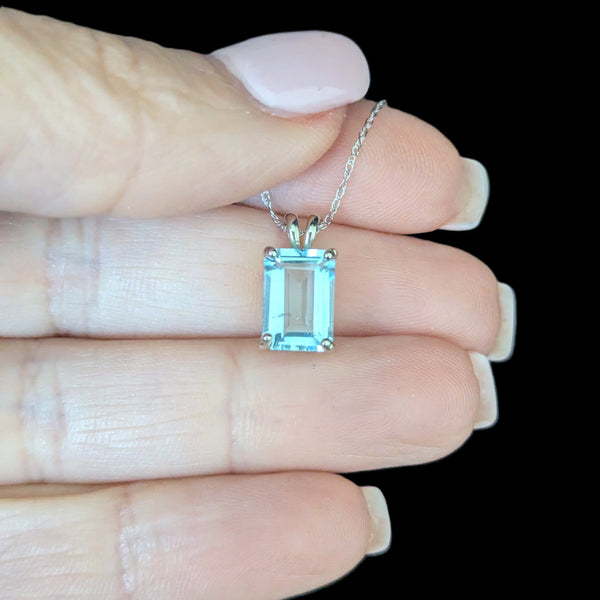 Estate Blue Emerald Cut Gemstone 14k White Gold Pendant on 10k Gold Chain Gift