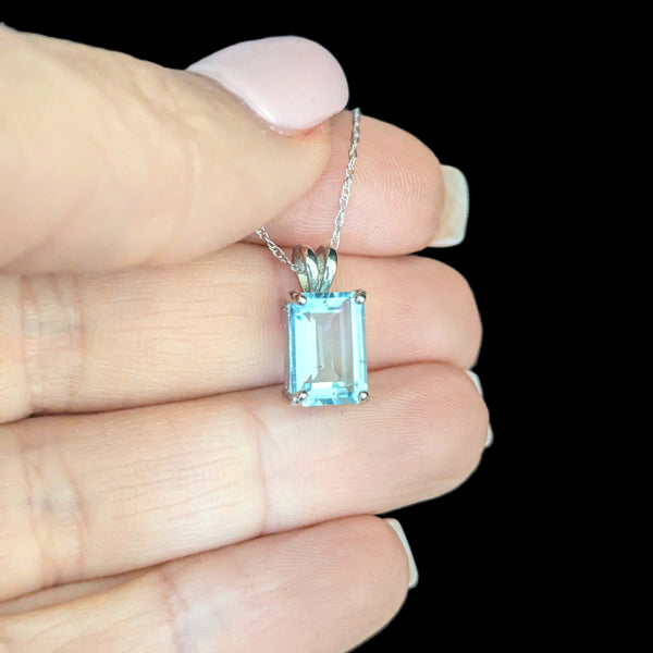Estate Blue Emerald Cut Gemstone 14k White Gold Pendant on 10k Gold Chain Gift