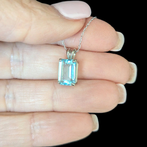 Estate Blue Emerald Cut Gemstone 14k White Gold Pendant on 10k Gold Chain Gift