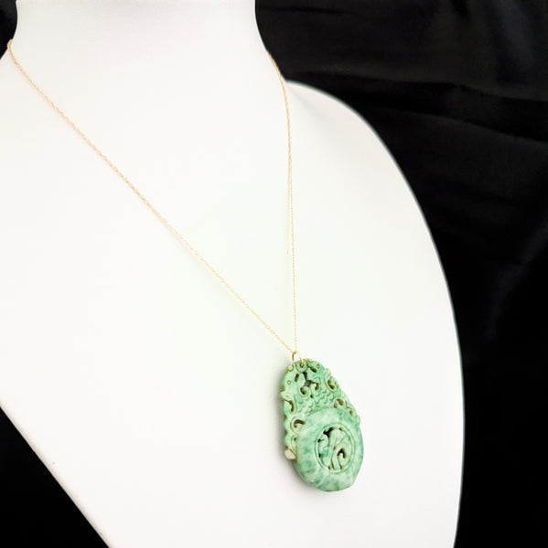 Estate Carved Jade Double Asian Dragon 10k Yellow Gold Pendant on Chain Vintage