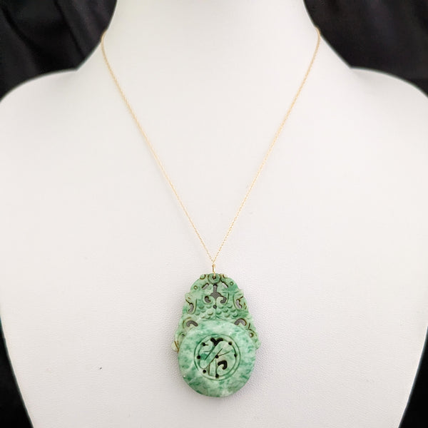 Estate Carved Jade Double Asian Dragon 10k Yellow Gold Pendant on Chain Vintage