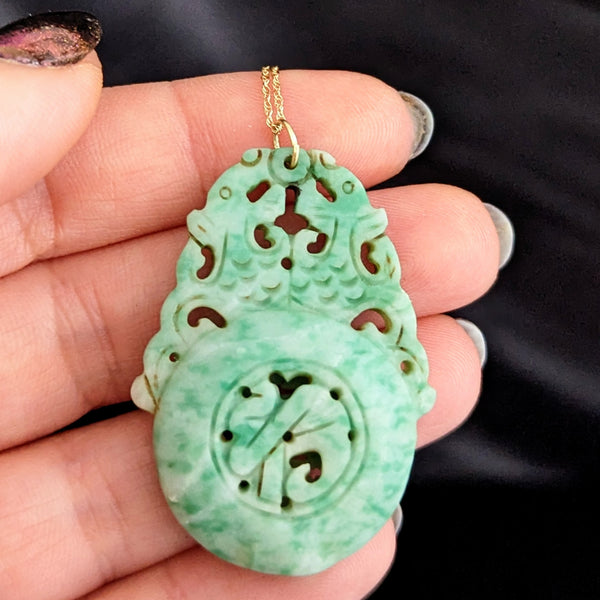 Estate Carved Jade Double Asian Dragon 10k Yellow Gold Pendant on Chain Vintage
