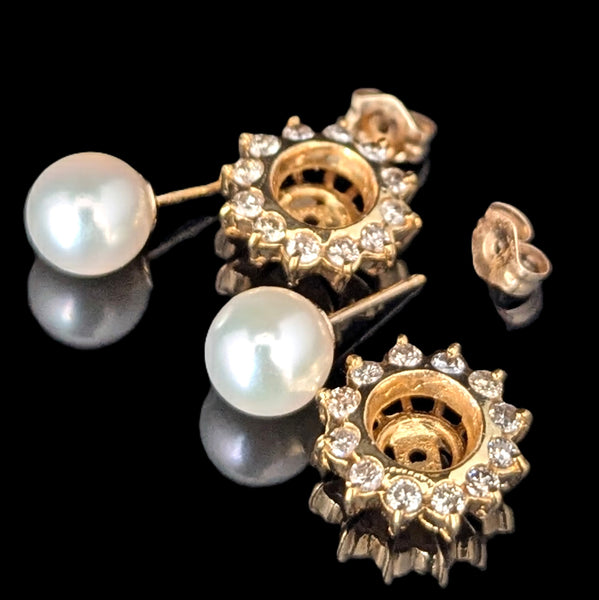 Estate Convertible Earrings Pearls Diamonds 14k Yellow Gold with Removable Jackets
