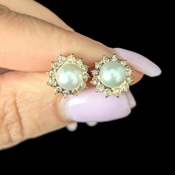 Estate Convertible Earrings Pearls Diamonds 14k Yellow Gold with Removable Jackets in hand perspective
