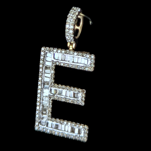 Estate Diamonds 10k Yellow Gold Large Letter " E " Pendant Unisex Baguette Round