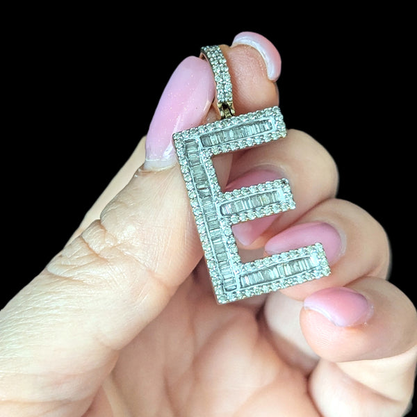 Estate Diamonds 10k Yellow Gold Large Letter " E " Pendant Unisex Baguette Round