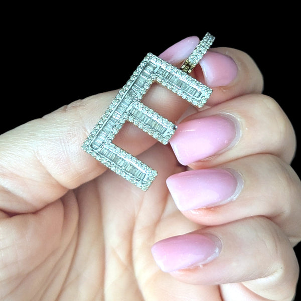 Estate Diamonds 10k Yellow Gold Large Letter " E " Pendant Unisex Baguette Round