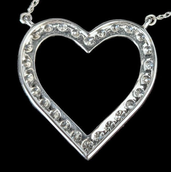 Estate Diamonds 14k White Gold Heart Necklace Vintage Pendant on Chain Gift