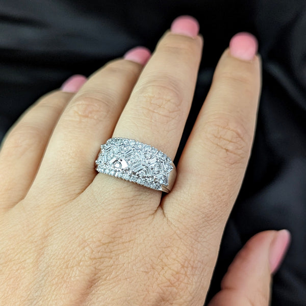 Estate Diamonds 14k White Gold Ring Baguette Wide Band Round Cuts Vintage Gift