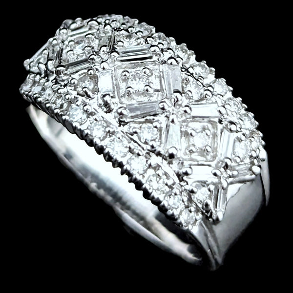 Vintage Diamonds 14k White Gold Cocktail Ring Wide Band Baguette Round Gift 8.2g