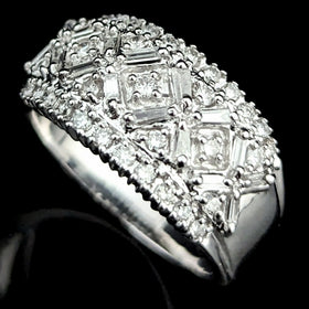 Estate Diamonds 14k White Gold Ring Baguette Wide Band Round Cuts Vintage Gift