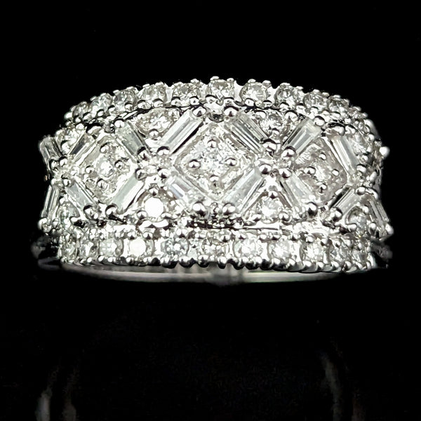 Estate Diamonds 14k White Gold Ring Baguette Wide Band Round Cuts Vintage Gift