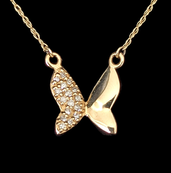 Estate Diamonds 14k Yellow Gold Butterfly Necklace Adjustable Length 18" to 16"
