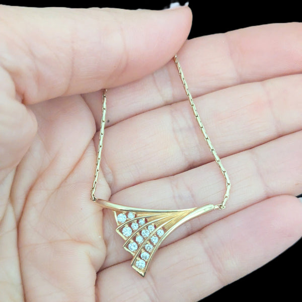 Estate Diamonds 14k Yellow Gold Wing Motif Necklace Pendant on Chain Vintage